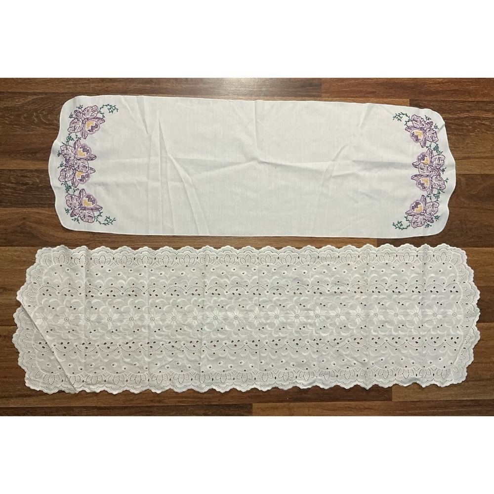 Pair Of VTG Dresser Scarves Purple Embroidered Floral/Eyelet Lace